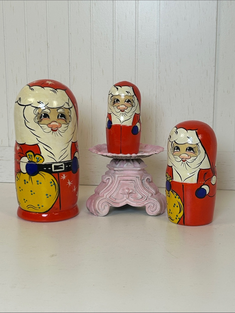 Hand Painted Wooden Santa Nesting Dolls 3 Piece Christmas Set